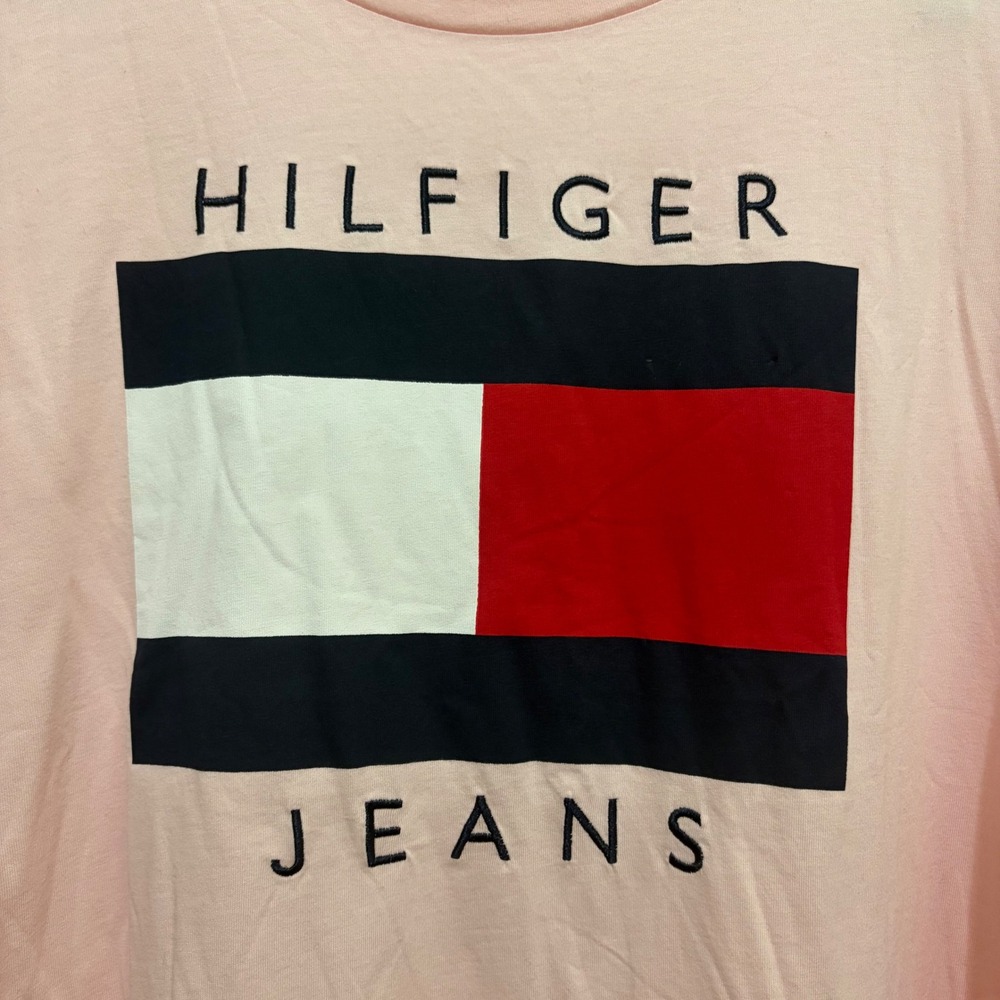 NEW Tommy Hilfiger Jeans T-Shirt Pink Large Logo Cotton Size 2X Lightweight 90s - Picture 2 of 10